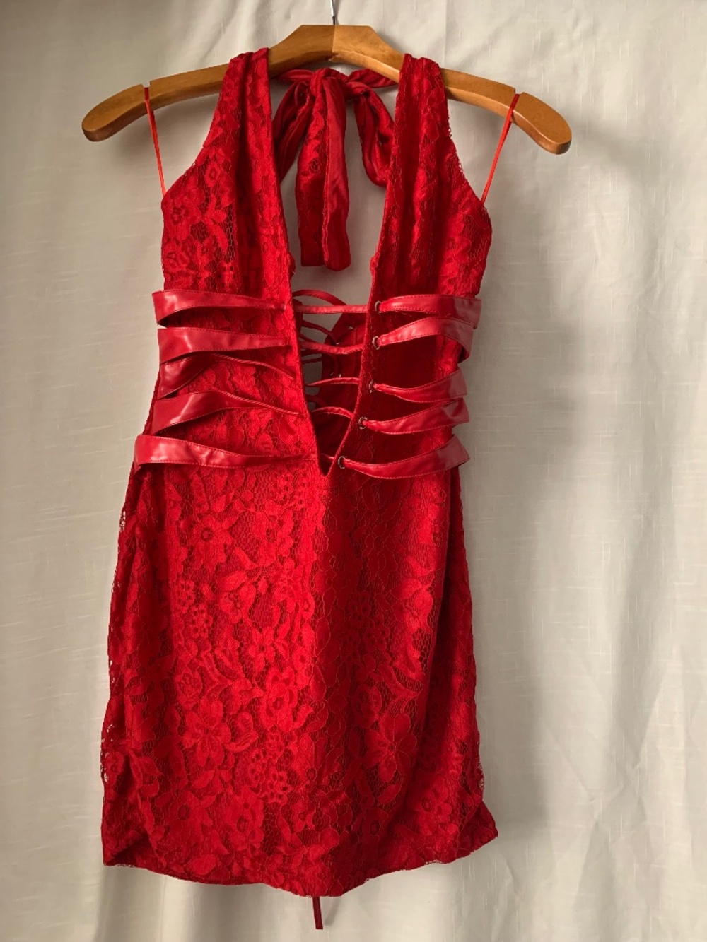 Red Lace Up Mini Halter Dress